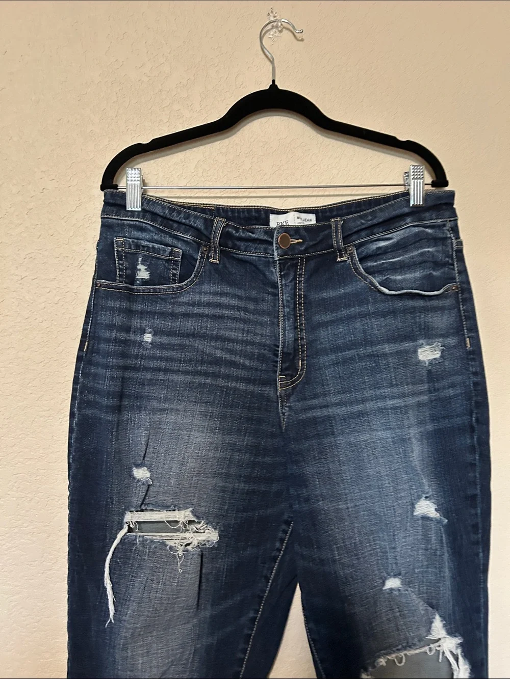 BKE Denim High Rise Distressed Straight Leg Jeans Size 32 Dark Wash Y2K